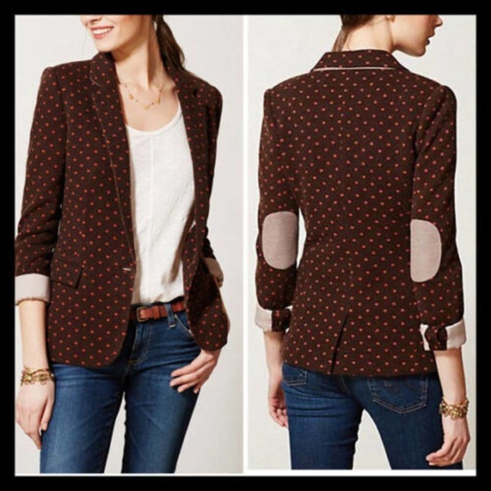 Cartonnier Womens Single Button Blazer Jacket Polka Dot Elbow Patch Size S Brown